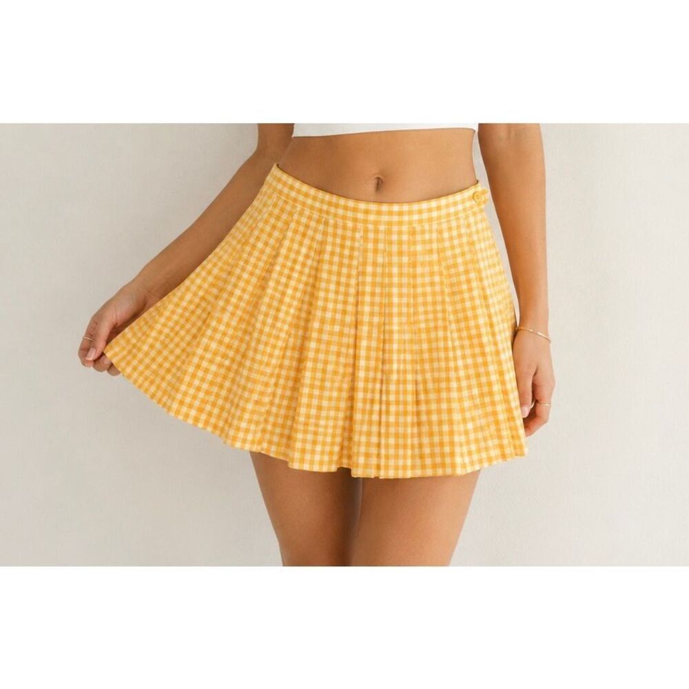 Urban Outfitters Yellow Gingham Pleated Mini Skirt Size Small Cottagecore